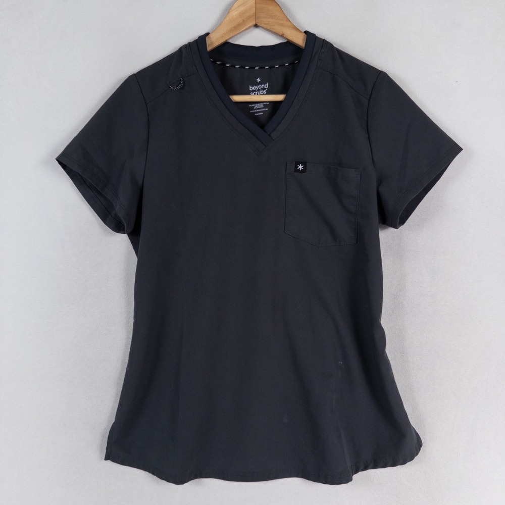 Beyond Scrubs Scrub Top Womens Small Gray Stretch Pocket Medical Nurse Uniform